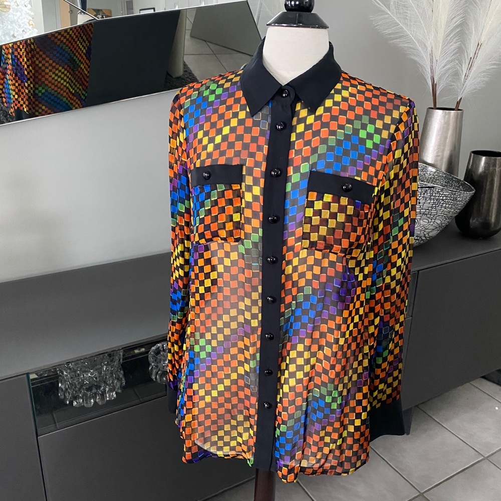 Worth Orange Pop Black Checkerboard Chiffon Shirt